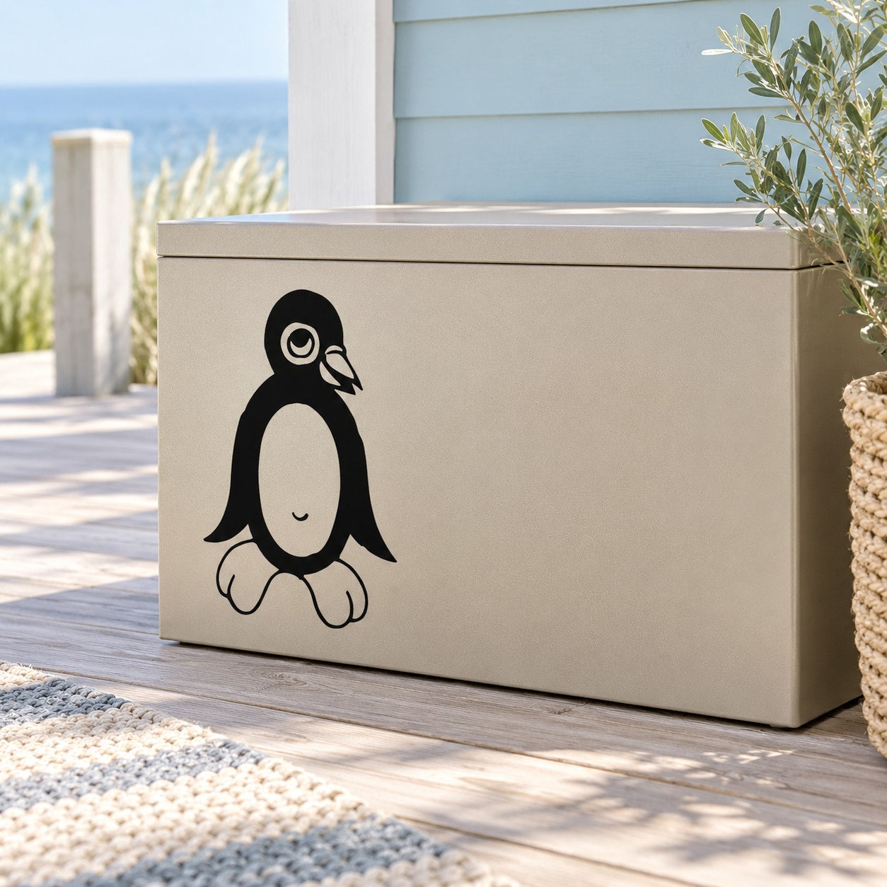 Friendly penguin decal sticker, black and white sitting penguin illustration