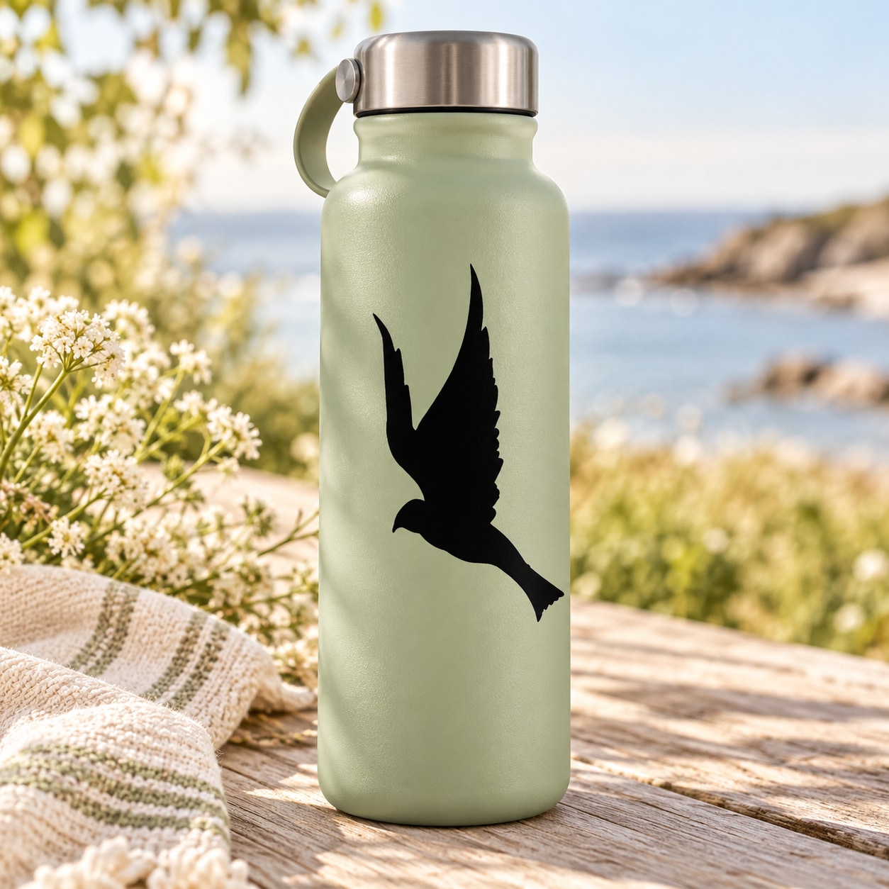 Flying dove silhouette decal on light green water bottle
