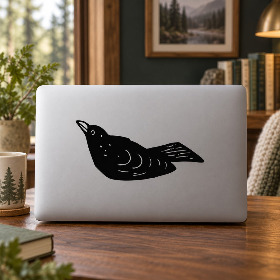 Black crow sitting decal, bird silhouette sticker for laptop or wall