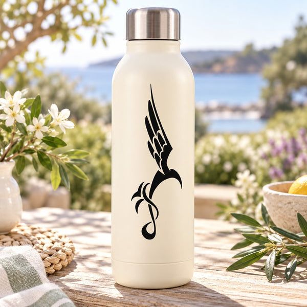 White bottle with black loop bird decal