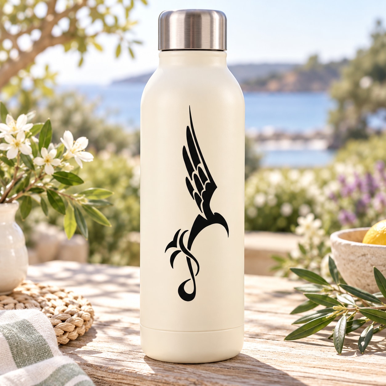 White bottle with black loop bird decal