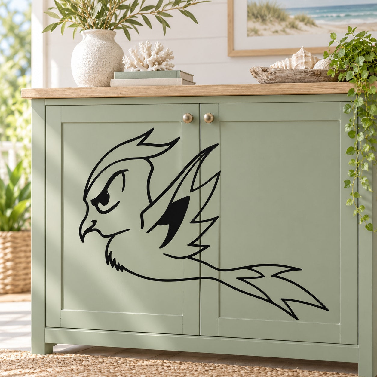 Black swallow wall decal with stylized bird wings and lightning-shaped tail