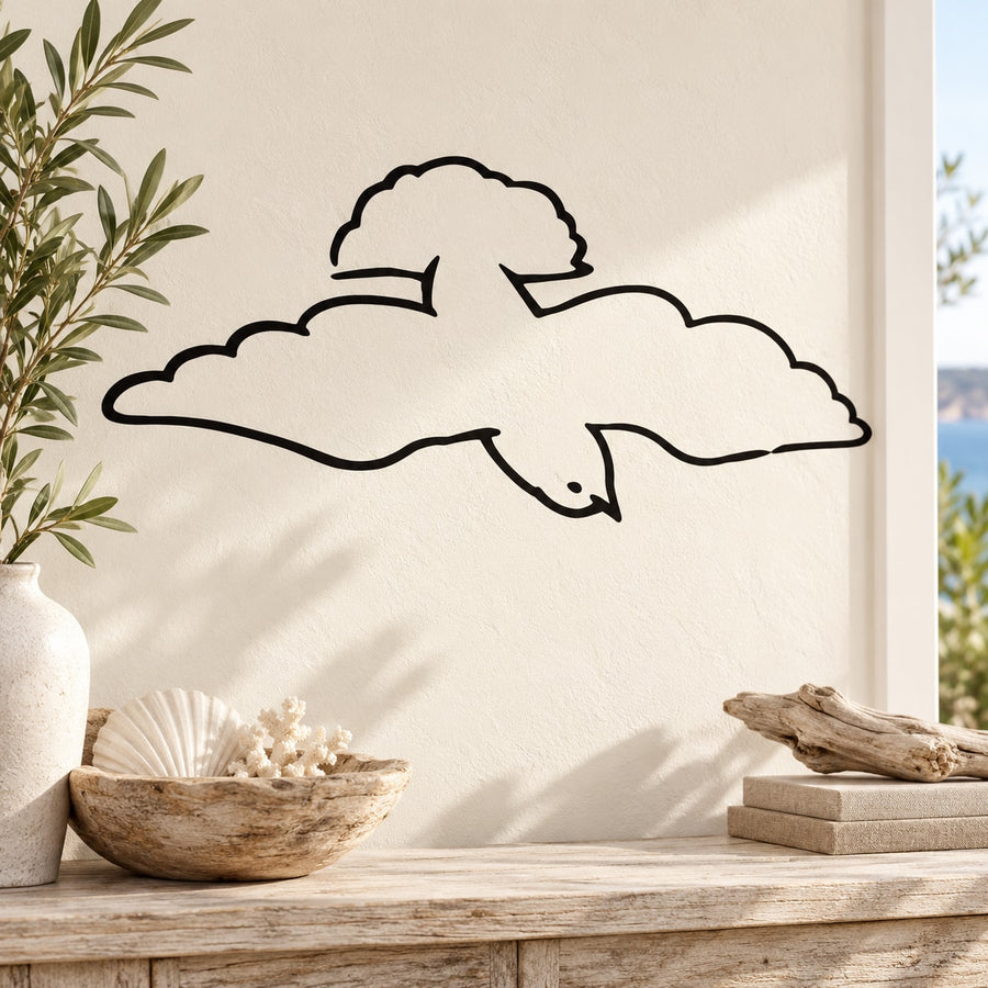 Stylized shore bird wall decal, black outline on white background