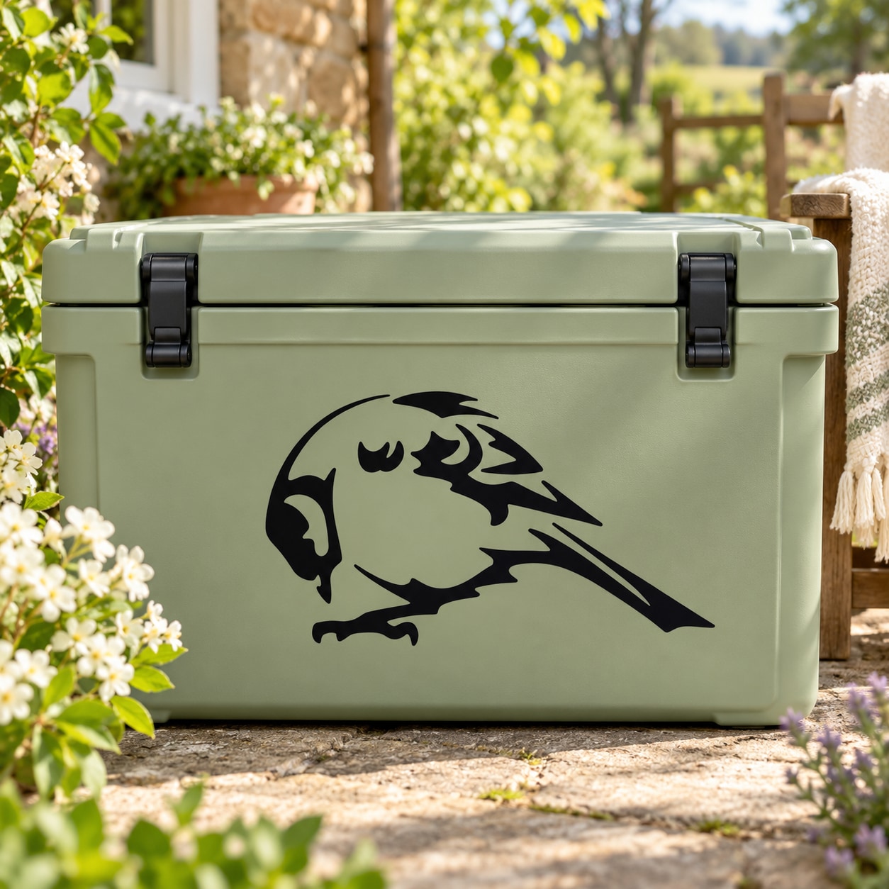 Black finch bird decal with grooming posture on light green surface