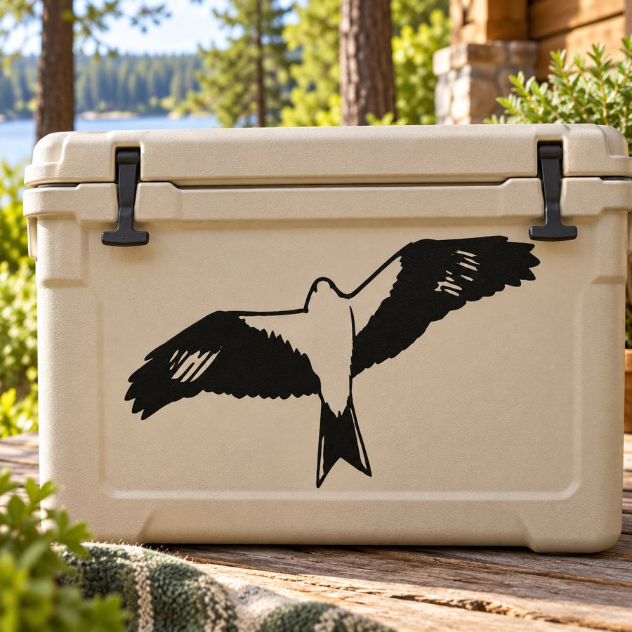 Peregrine falcon decal on beige cooler, black bird silhouette