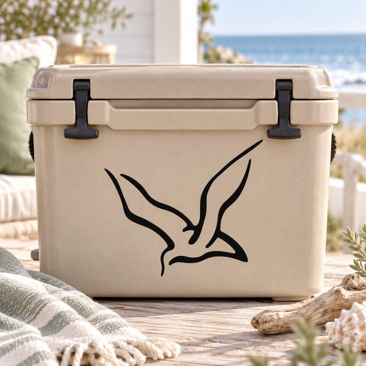 White cooler with black seagull decal sticker