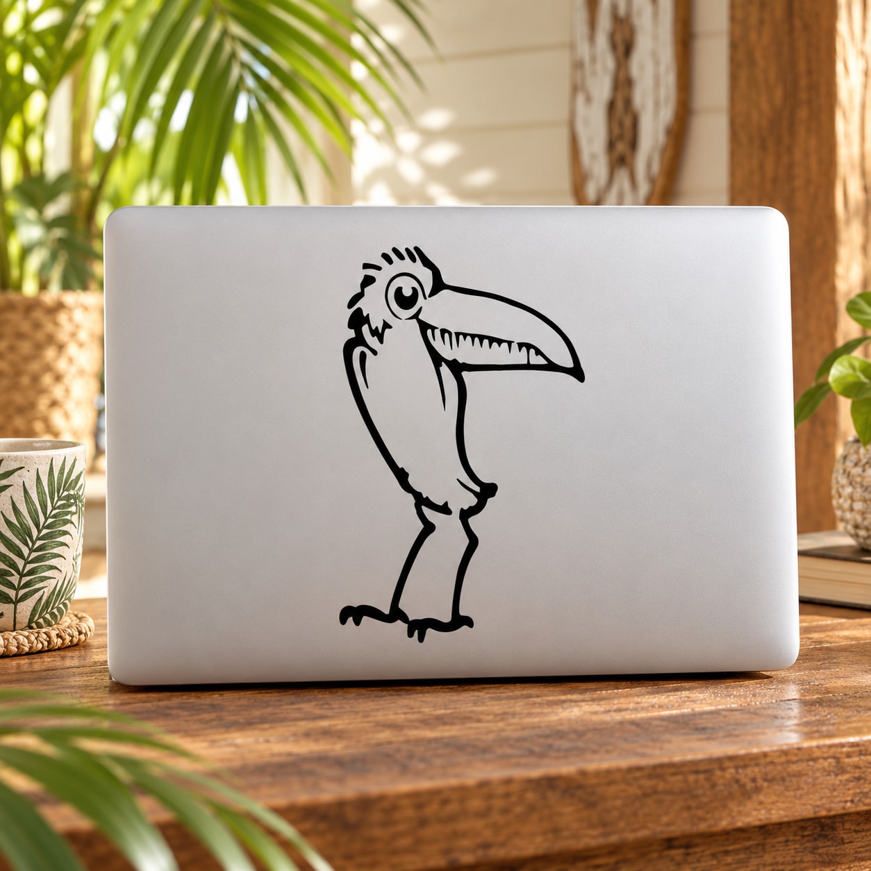 Toucan decal sticker featuring a shrugging bird in black line art on white.