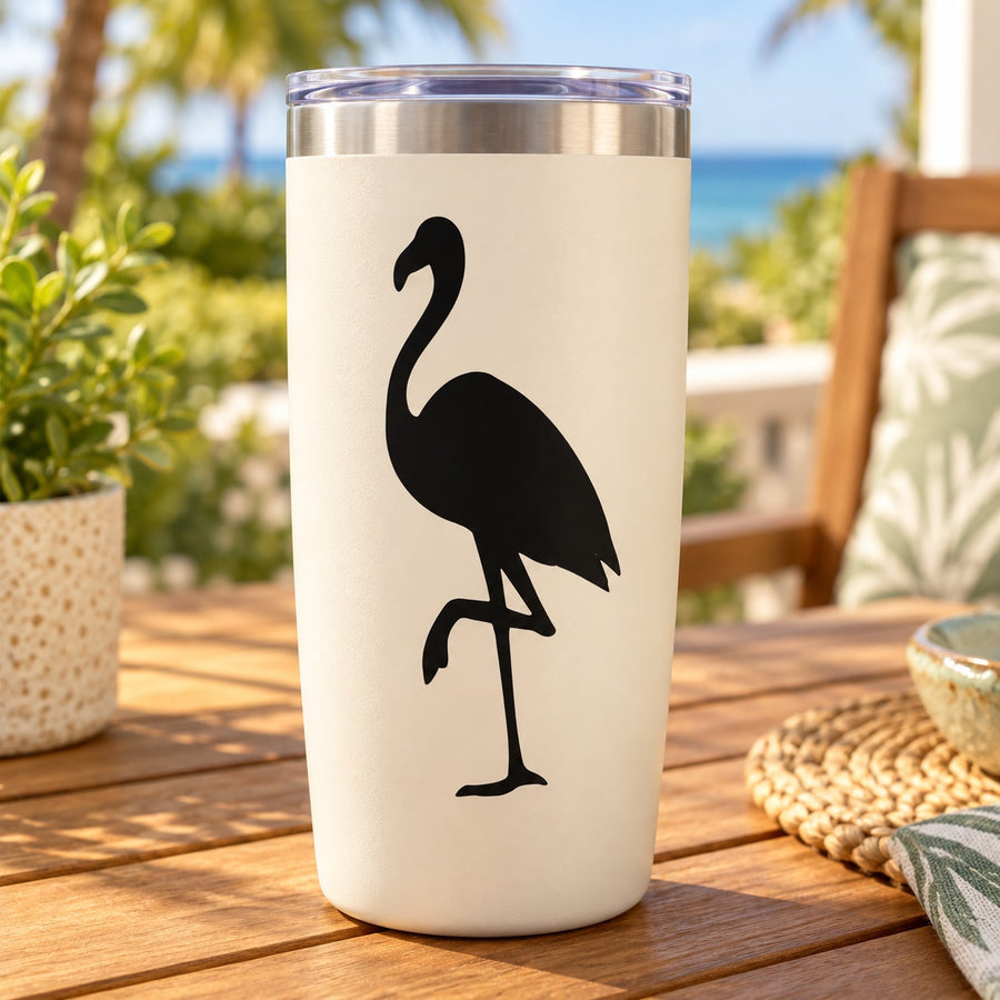 White tumbler with black flamingo decal and clear screw-on lid
