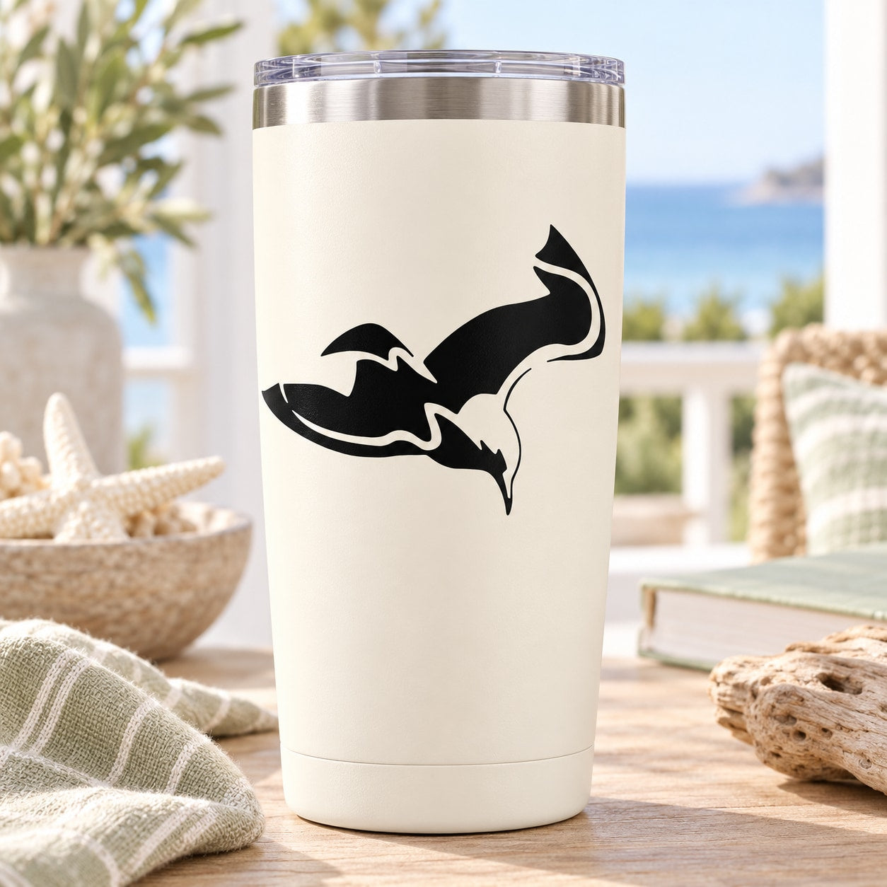 White tumbler with black seagull hunting decal