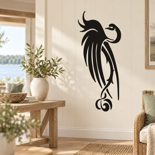 Tribal swan wall decal with thorn and rose design, black