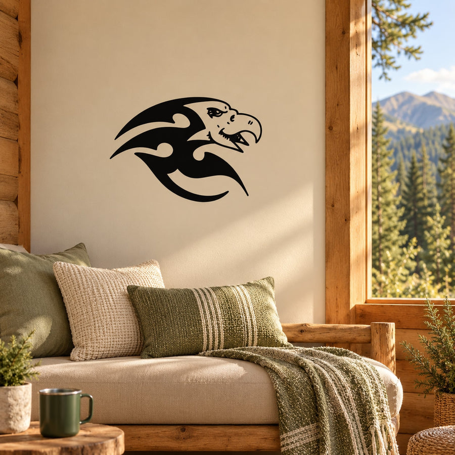 Tribal eagle head wall decal in black with tribal line design
