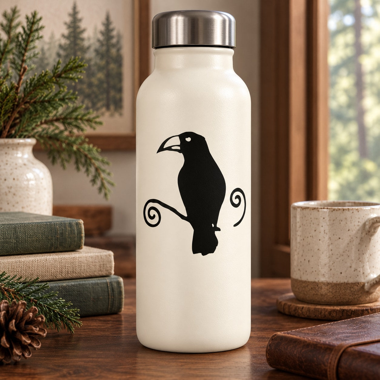 Perched raven and curly branch decal on white bottle with black bird silhouette