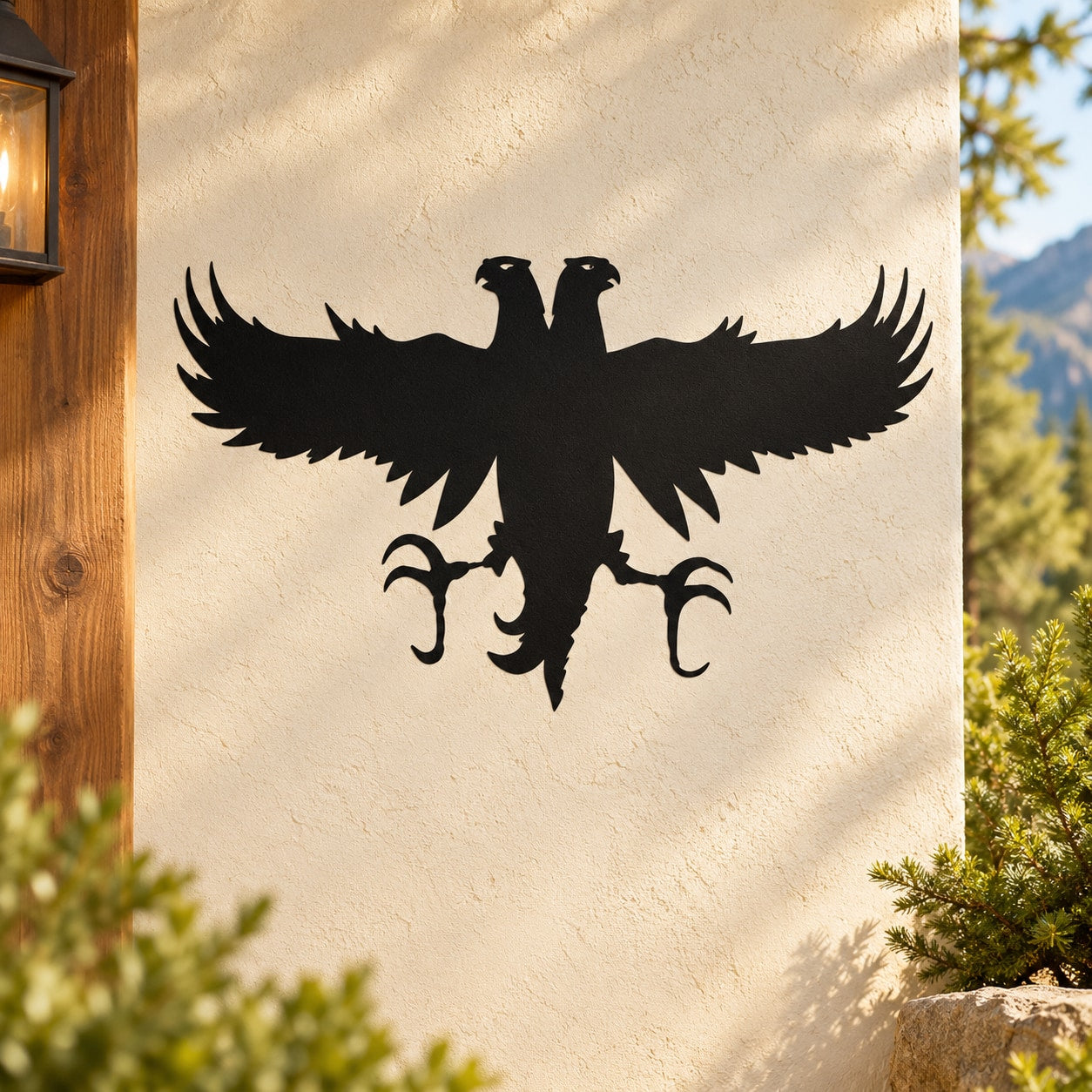 Two-head hawk vinyl decal, black bird silhouette with two heads and spread wings