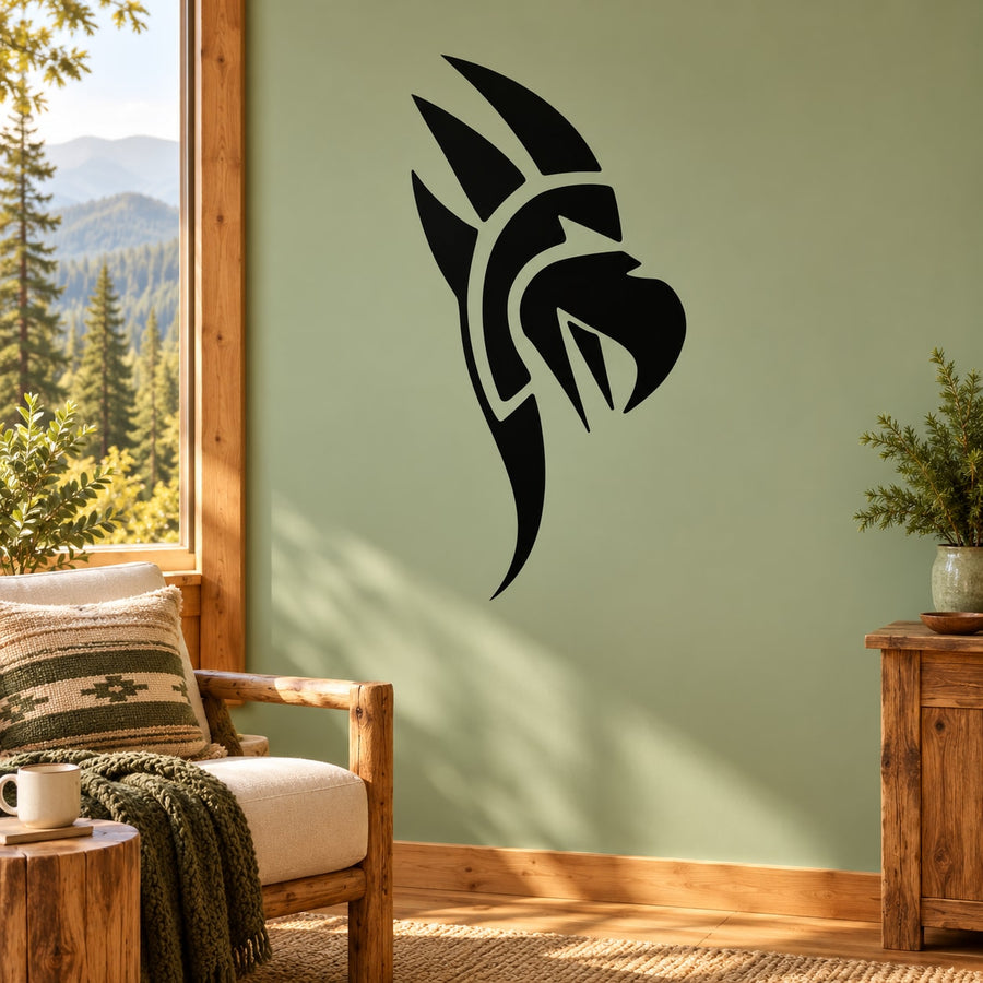 Tribal spiky eagle head wall decal, black design on light background