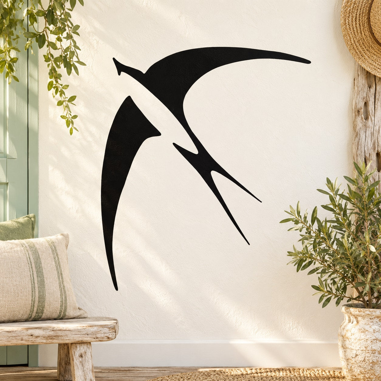 Black swallow wall decal silhouette with soaring tail and wings, bird-shaped sticker
