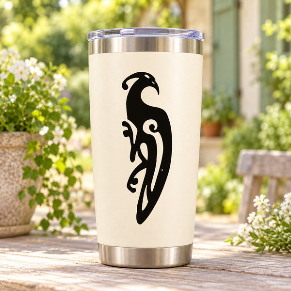 Celtic peacock decal in black, stylized feather design on a light tumbler