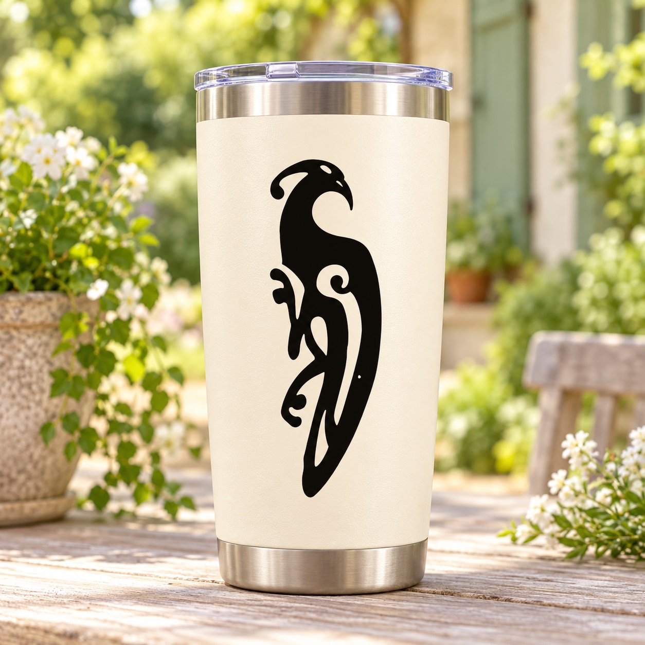 Celtic peacock decal in black, stylized feather design on a light tumbler