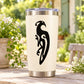 Celtic peacock decal in black, stylized feather design on a light tumbler