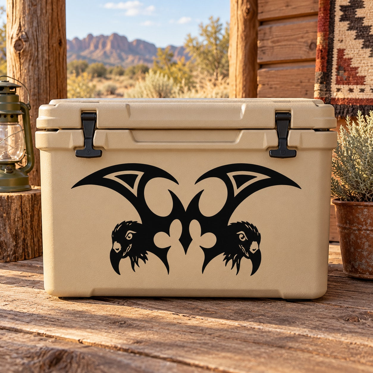 Black tribal vulture wing decal design with symmetrical bird heads and feathers