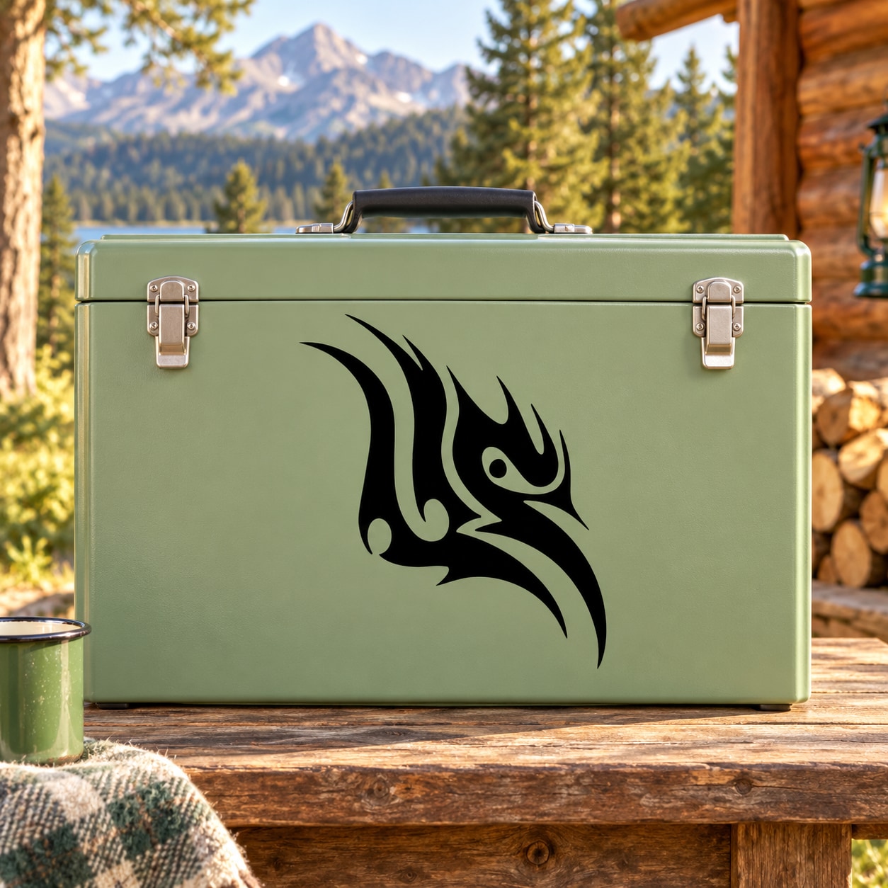 Light green rectangular case with black abstract eagle head decal on the front