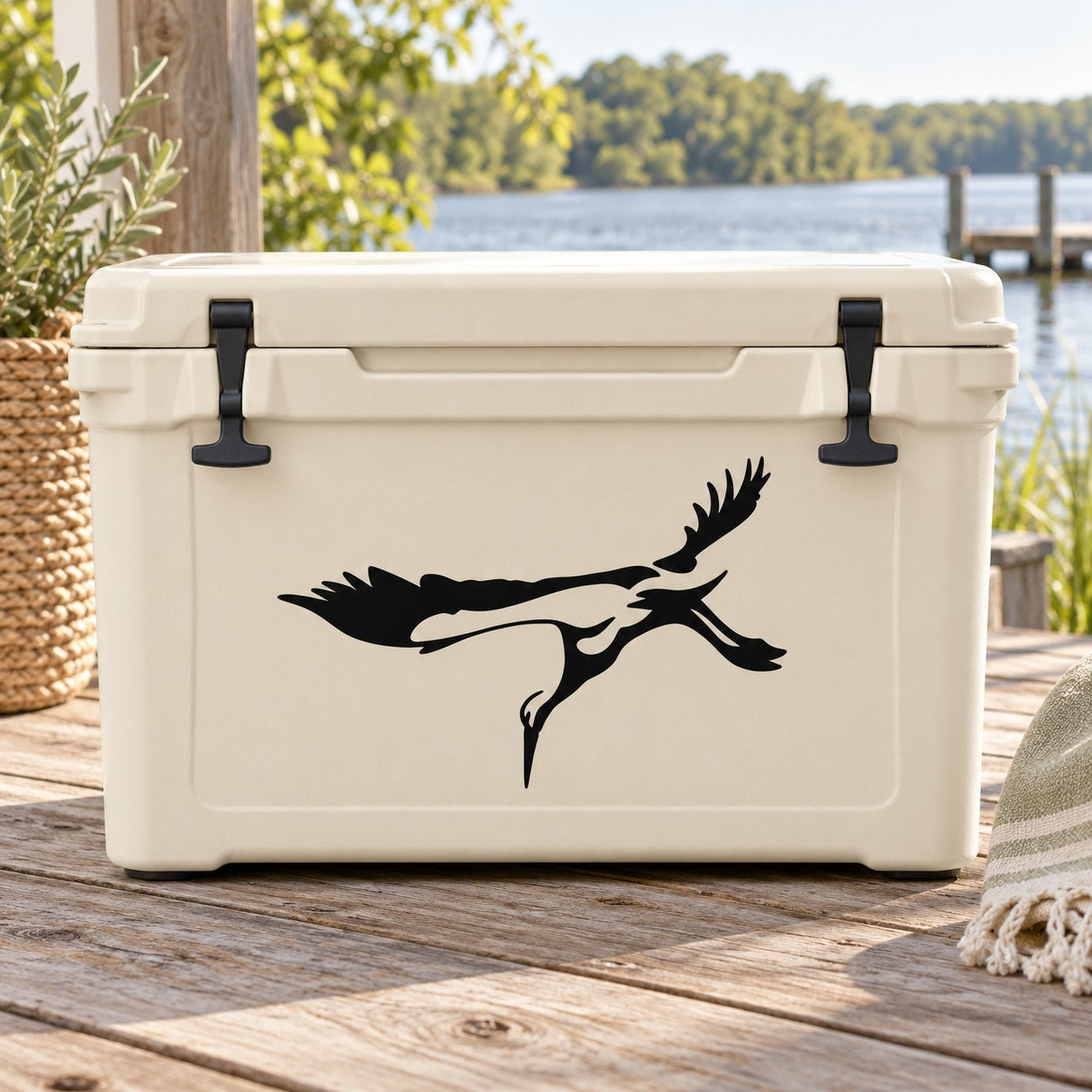 Soaring heron decal sticker with black bird silhouette on white cooler front