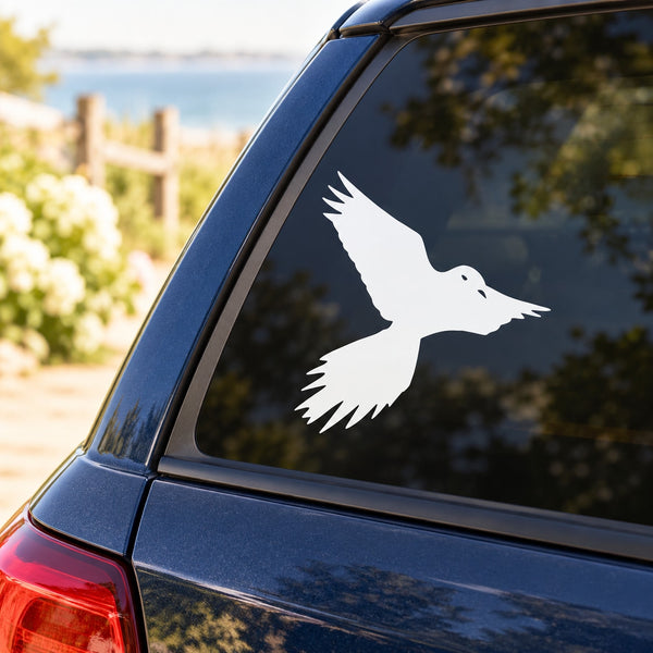 Flying crow watching car window decal, white silhouette on dark glass