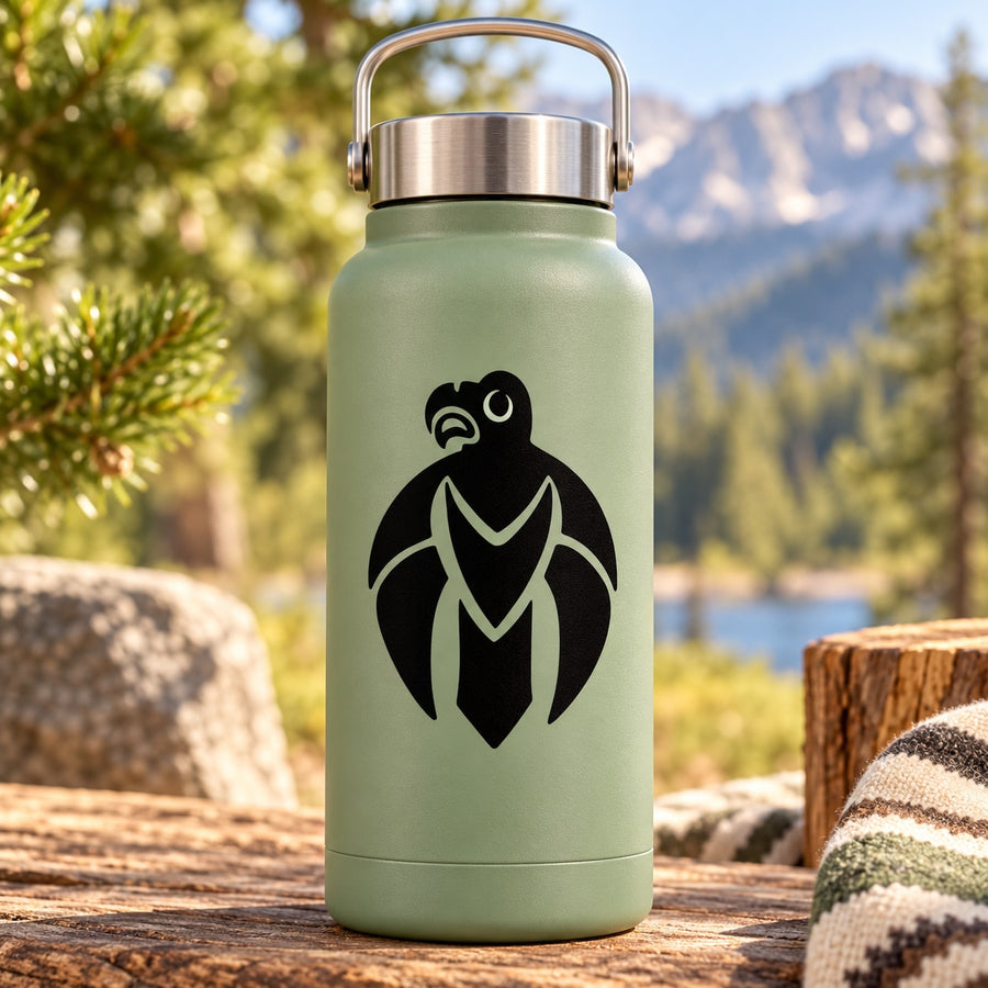 Green water bottle with black hawk graphic decal