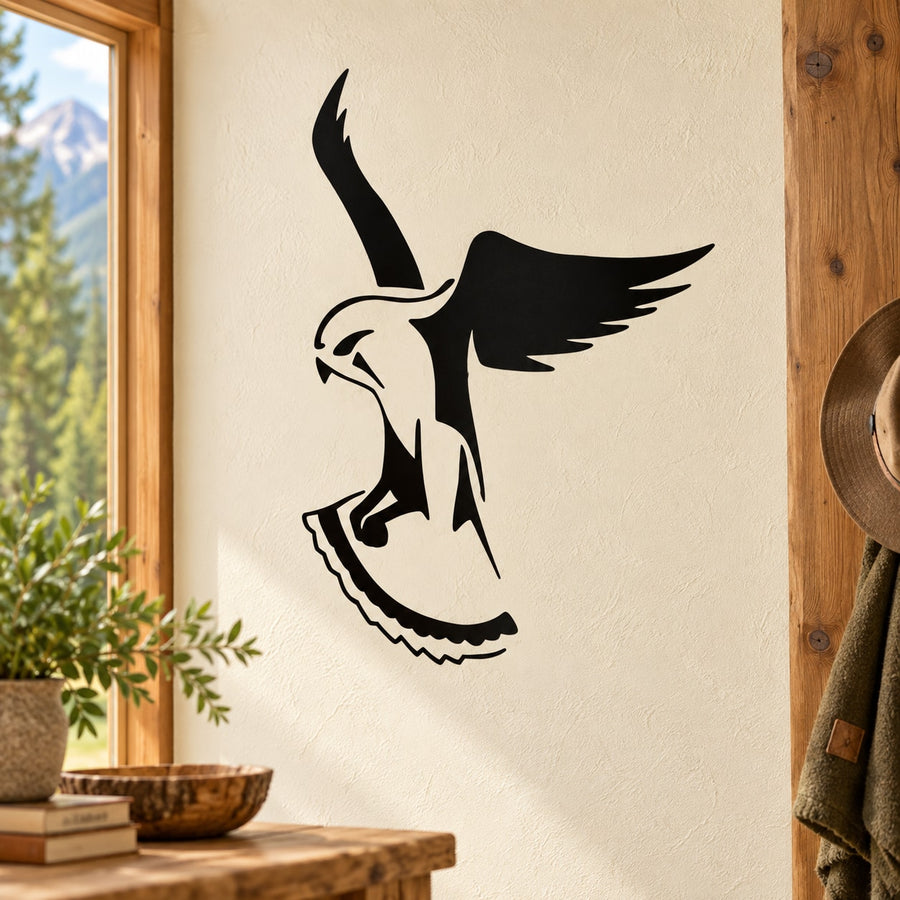Black hovering hawk head wall decal, bird of prey silhouette