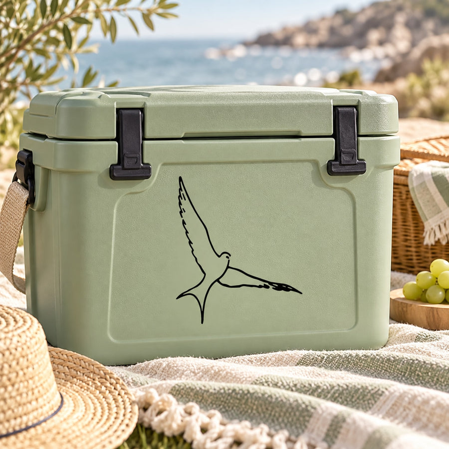 Light green cooler with black dove decal on front panel