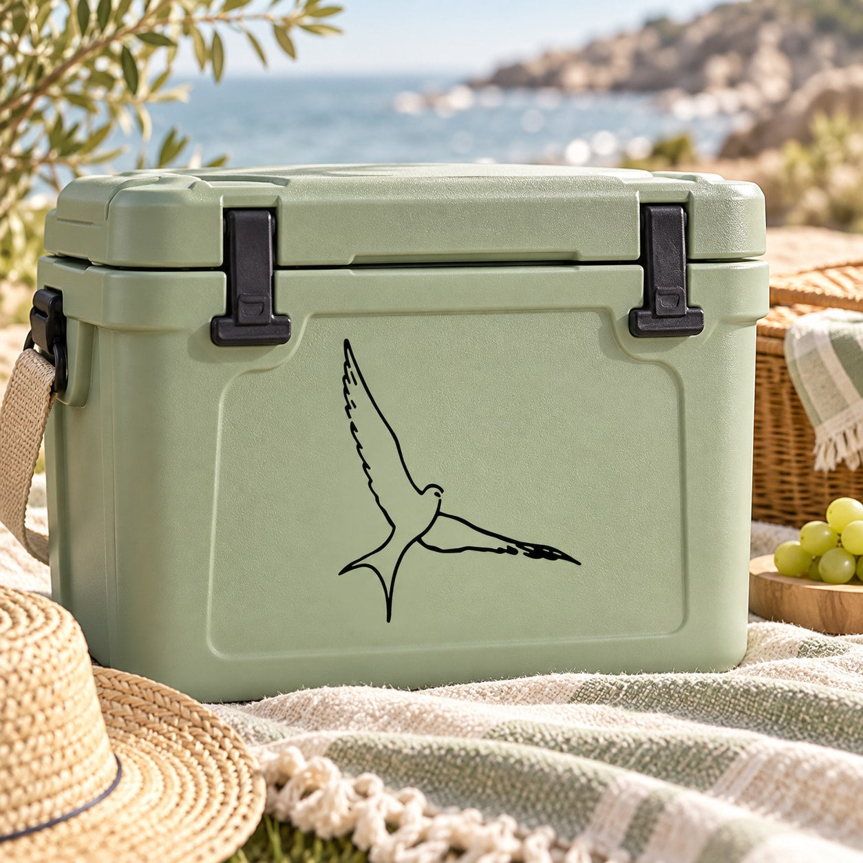 Light green cooler with black dove decal on front panel
