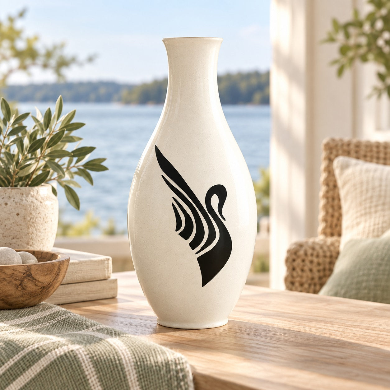 Black minimalist swan decal on a white vase
