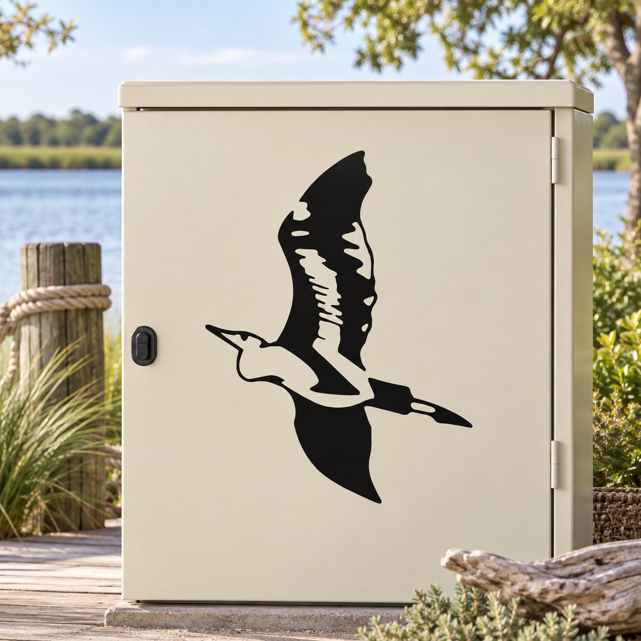 Gliding heron black vinyl decal silhouette on light cabinet door