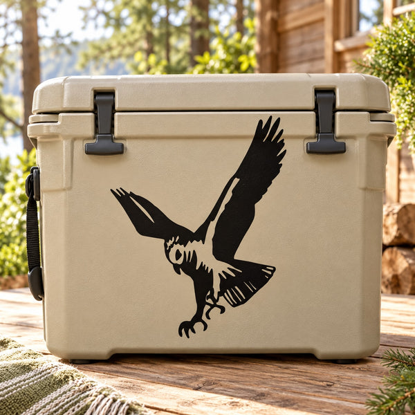 Black falcon hunting decal with wings spread on beige hard cooler