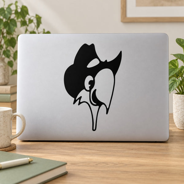 Black cartoon bird wearing hat decal with bold outline