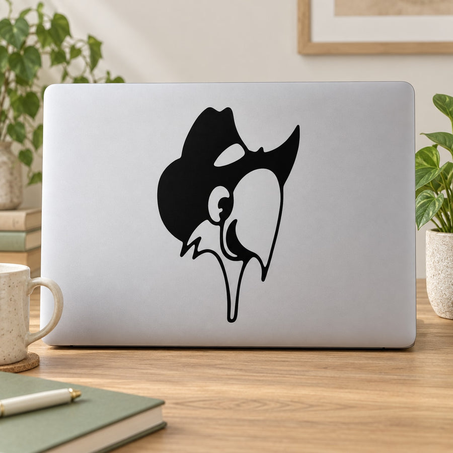 Black cartoon bird wearing hat decal with bold outline