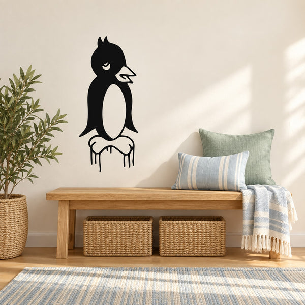 Kids penguin standing on ice wall decal, black and white silhouette