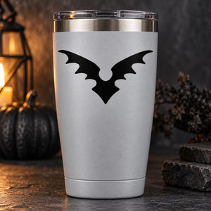 Stainless steel tumbler with black bat symbol decal
