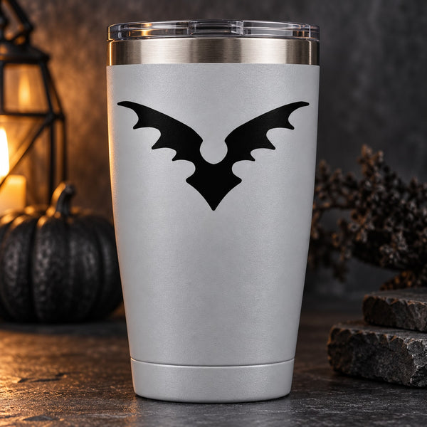 Stainless steel tumbler with black bat symbol decal