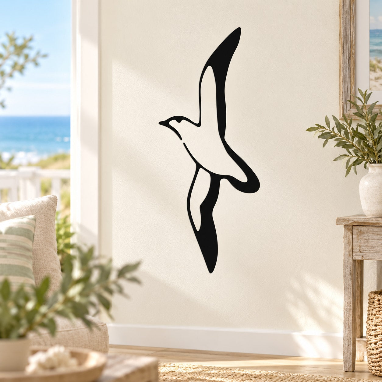 Soaring seagull wall decal in black, single bird silhouette