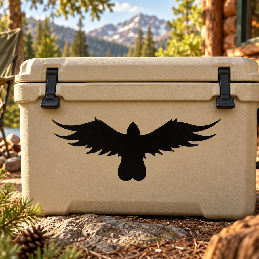 Black hawk silhouette decal on beige cooler lid front