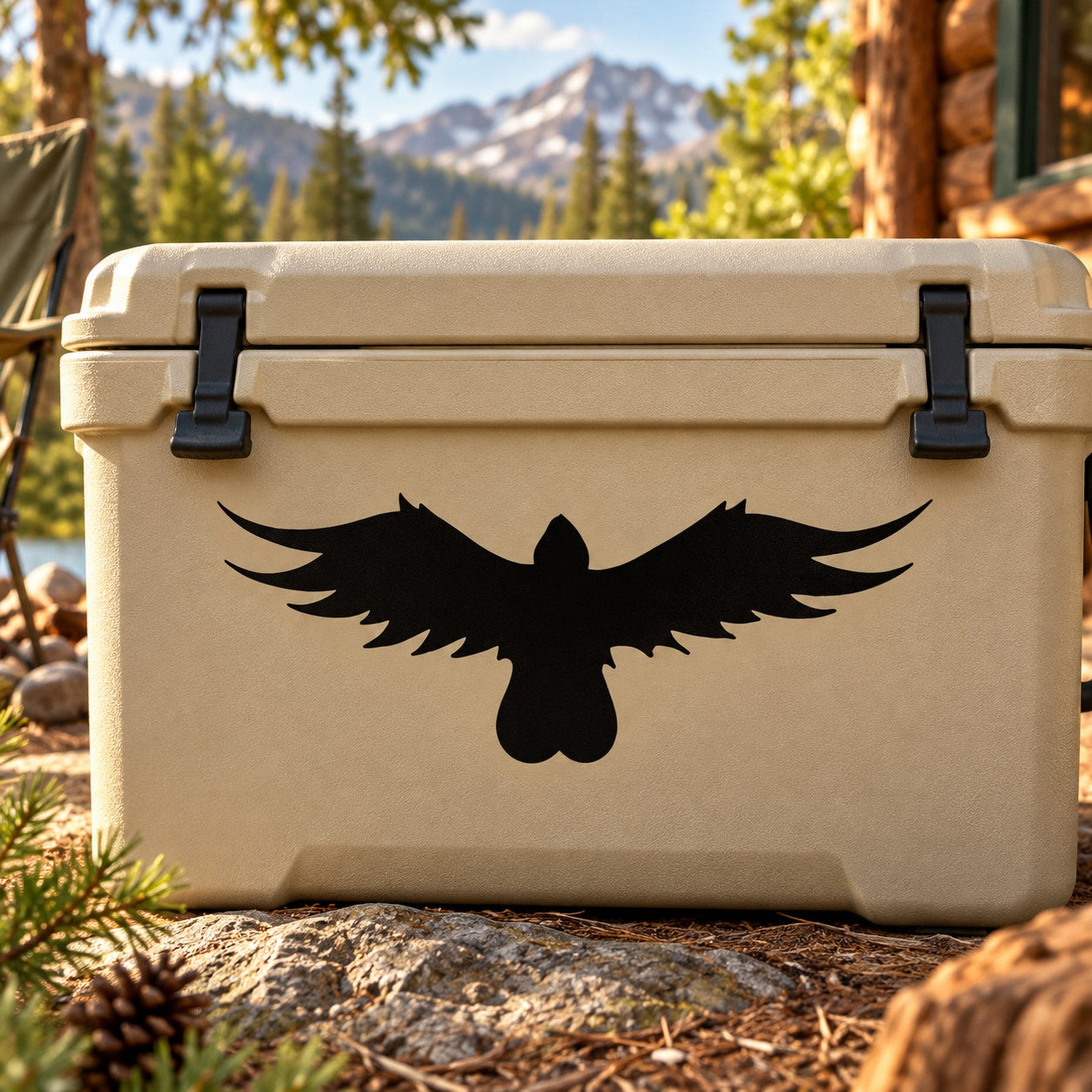 Black hawk silhouette decal on beige cooler lid front