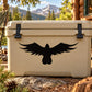Black hawk silhouette decal on beige cooler lid front