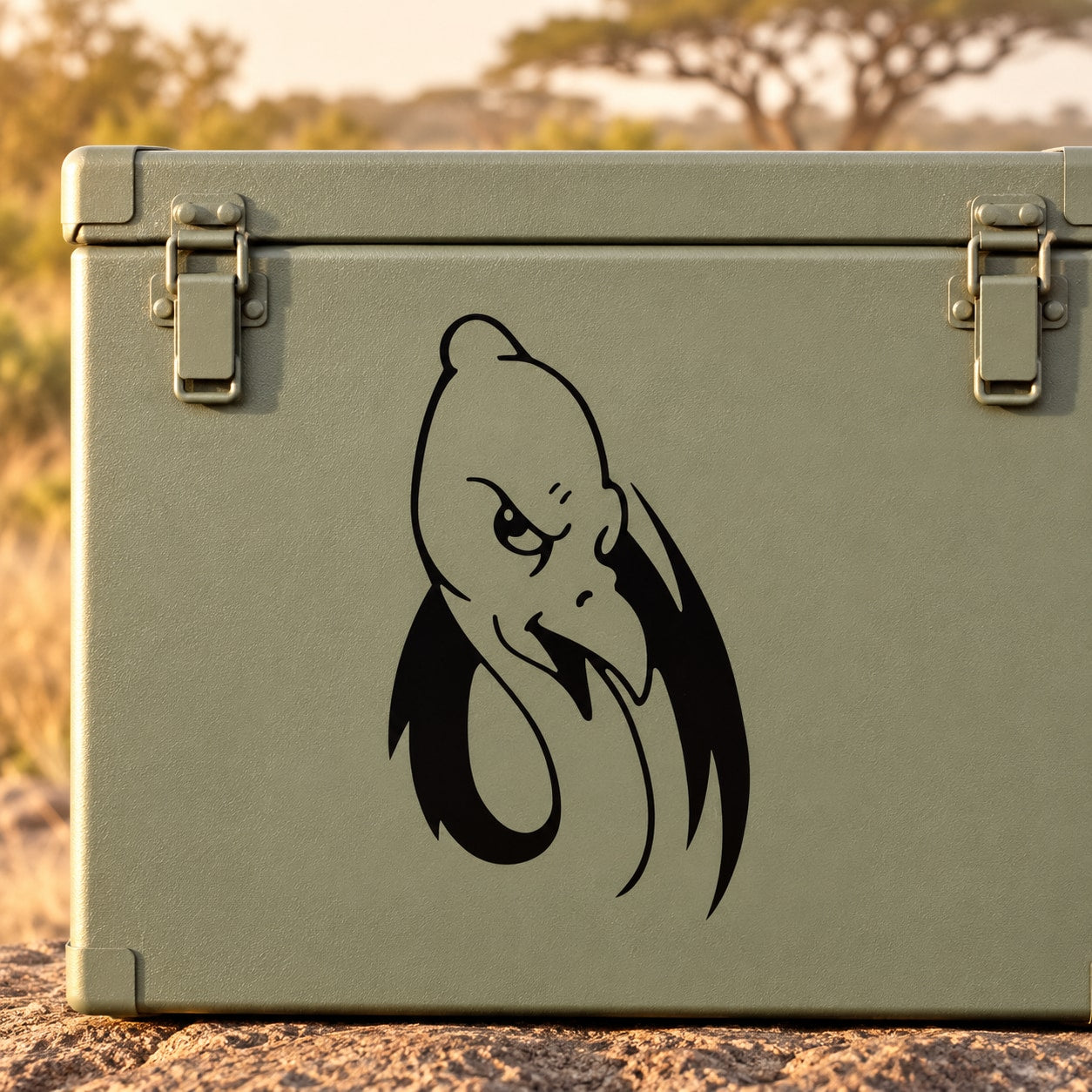 Ostrich head glare decal on light green surface