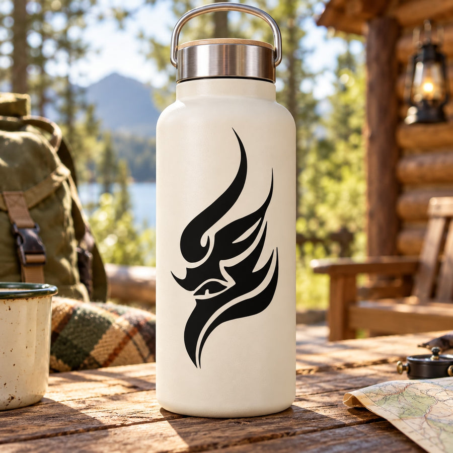 White water bottle with black abstract flame-head hawk decal