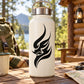 White water bottle with black abstract flame-head hawk decal