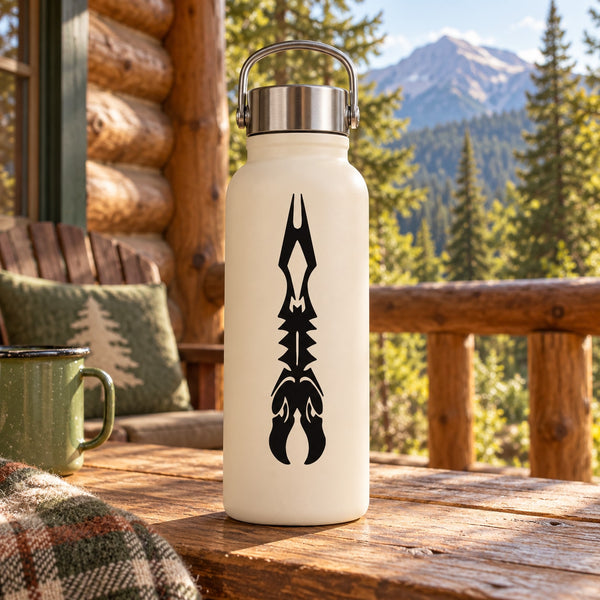 Water bottle with abstract black eagle-style decal