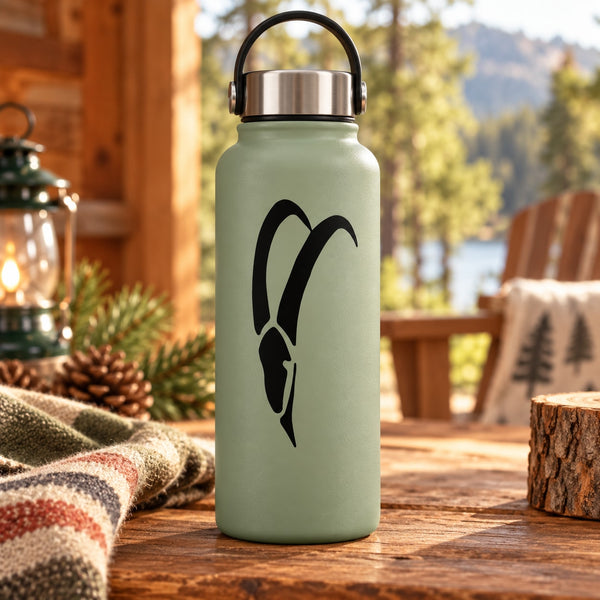 Mint green insulated water bottle with black bird silhouette