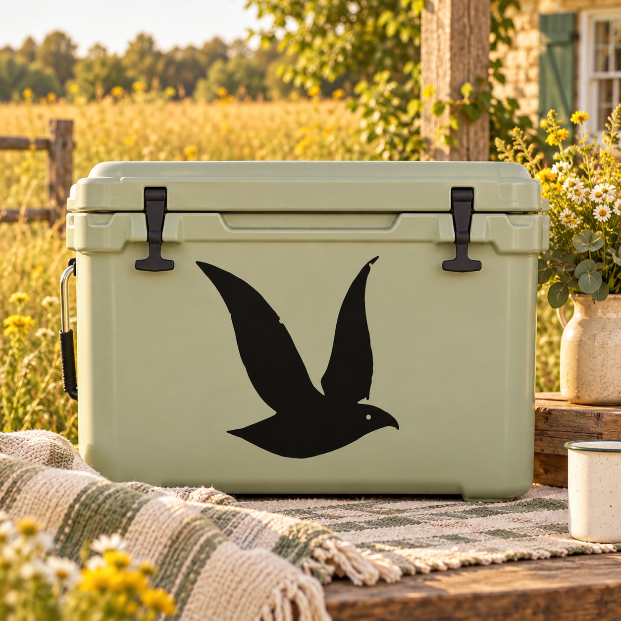 Flying bird decal on light cooler lid, black winged silhouette centered