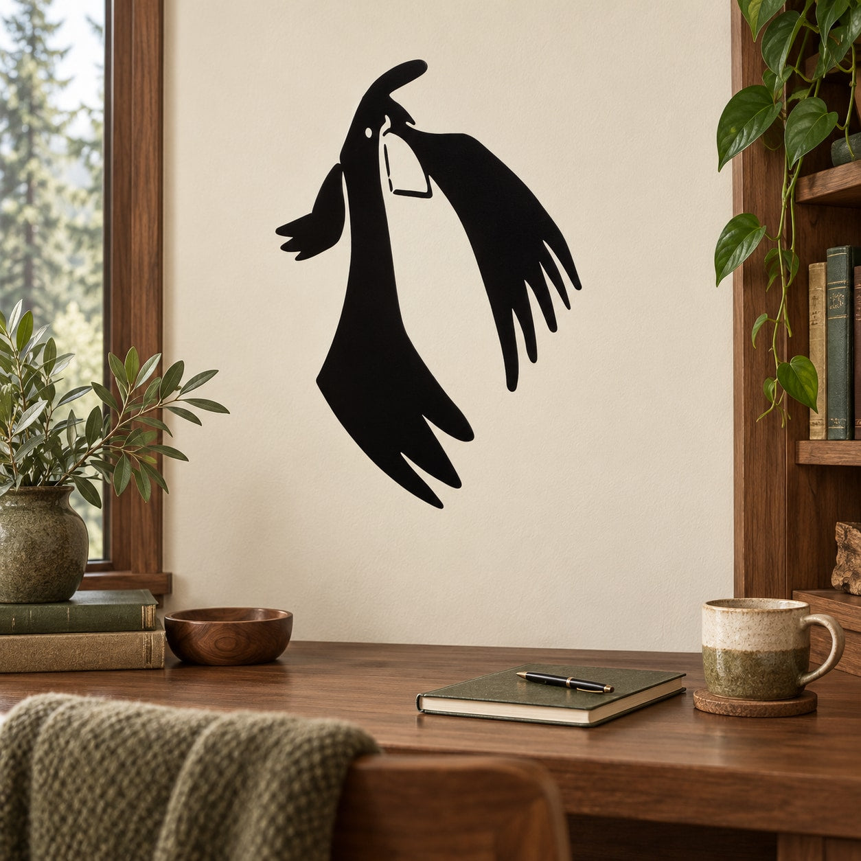 Black cartoon flapping crow wall decal