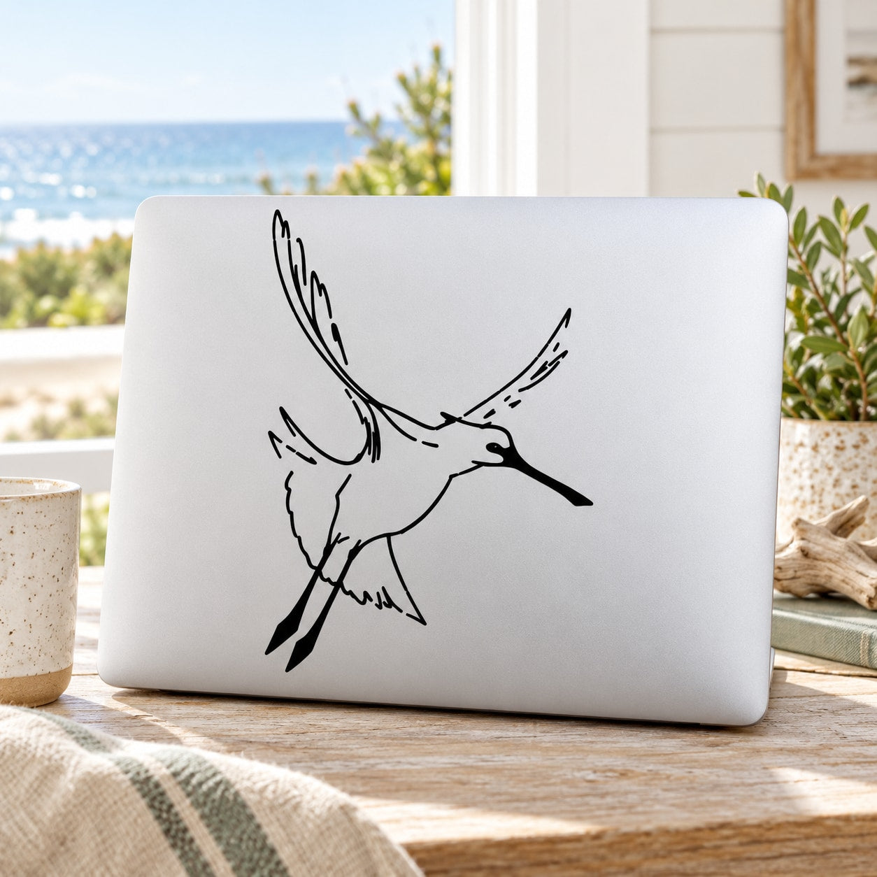 Black line-art bird decal on rectangular white panel